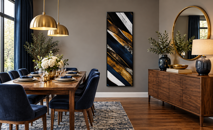 Tall narrow vertical wood planks rustic framed canvas wall art in a modern dining room.
