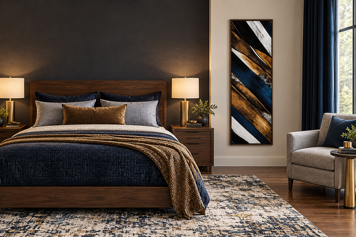 Tall narrow vertical canvas art with rustic wood planks in navy blue and brown on a bedroom wall.
