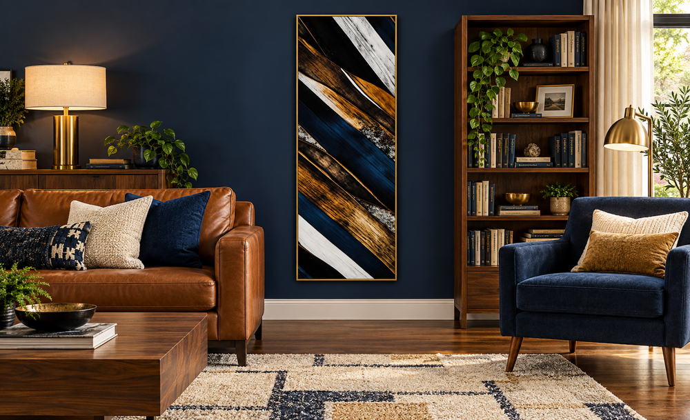 Tall narrow vertical wood planks rustic framed canvas wall art with navy blue and brown accents.