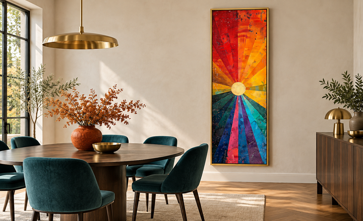 Tall narrow framed canvas wall art featuring a colorful abstract sun with orange and purple rays.