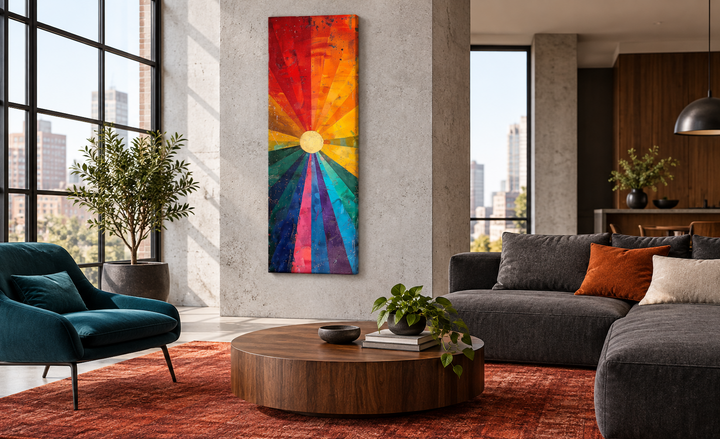 Tall narrow framed canvas wall art featuring a colorful sun with vibrant orange and purple rays.