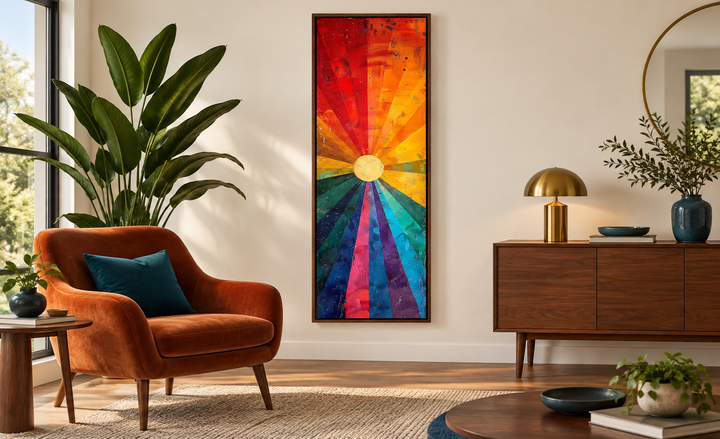 Tall narrow framed canvas wall art featuring a colorful sun with orange, purple, and blue rays.