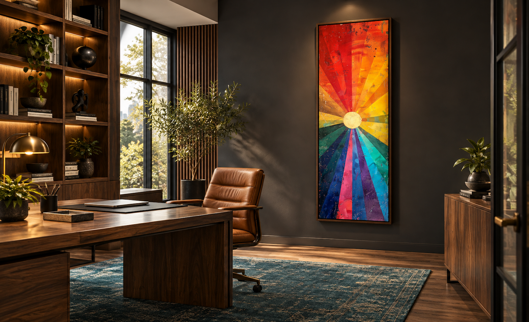 Tall narrow framed canvas wall art featuring a colorful sun with orange, purple, and blue rays.