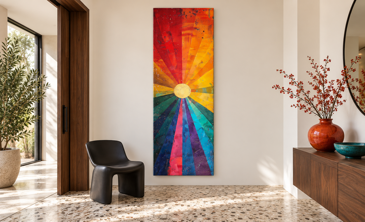 Tall narrow framed canvas wall art featuring a vibrant sun with colorful orange and purple rays.