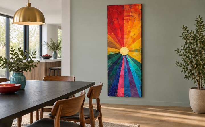 Tall narrow framed canvas wall art featuring a vibrant orange and purple sun with radiating rays.