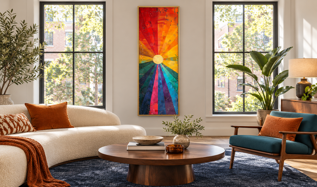 Tall narrow framed canvas wall art featuring a colorful sun with orange, purple, and blue rays.