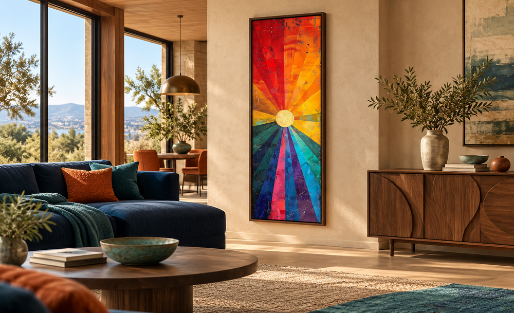 Tall narrow framed canvas wall art featuring a colorful sun with vibrant orange and purple rays.