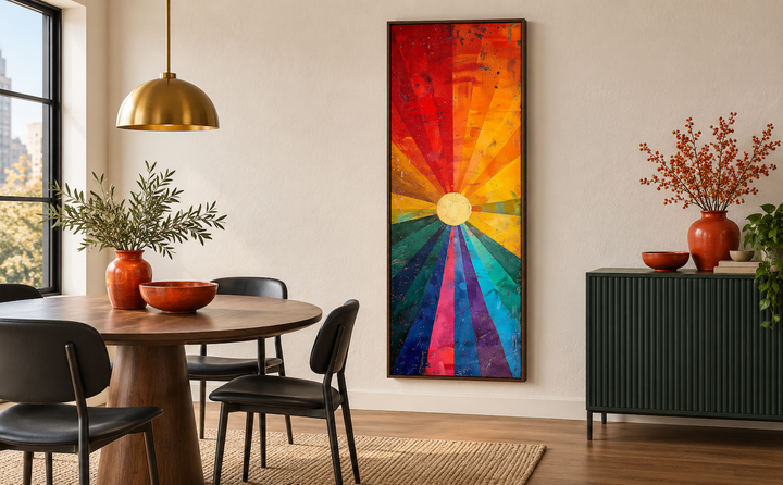 Tall narrow framed canvas wall art featuring a colorful abstract sun with orange and purple rays.