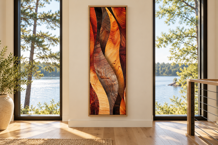 Vertical narrow canvas print with abstract flowing wood grain patterns in warm orange and brown.