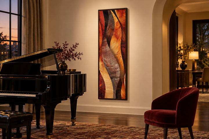 Vertical narrow wood texture canvas print with flowing grain patterns in warm orange and brown.