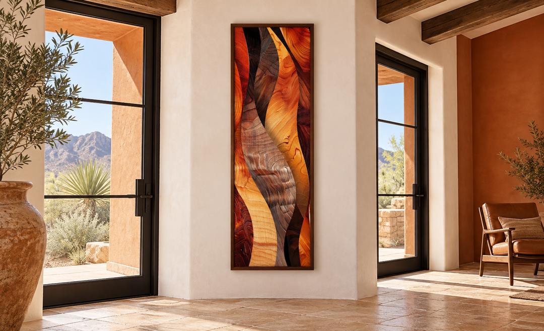 Vertical narrow canvas print with abstract flowing wood grain patterns in warm orange and brown.