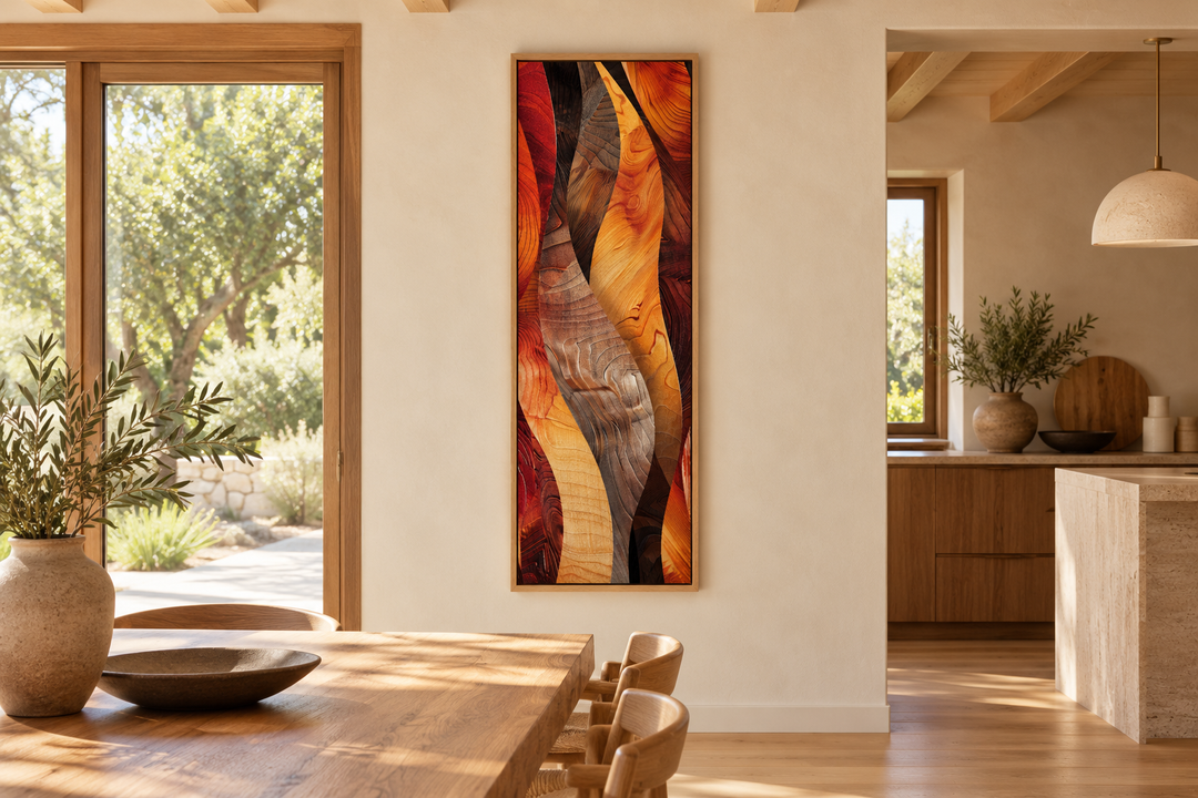 Vertical narrow canvas print with abstract wood grain patterns in warm orange and brown tones.