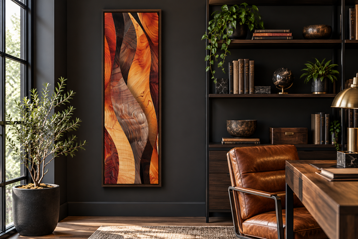 Vertical narrow canvas print with abstract flowing wood grain patterns in warm orange and brown.