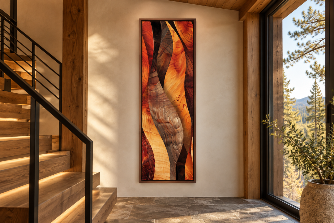 Vertical narrow canvas print with abstract flowing wood grain patterns in orange and brown tones.