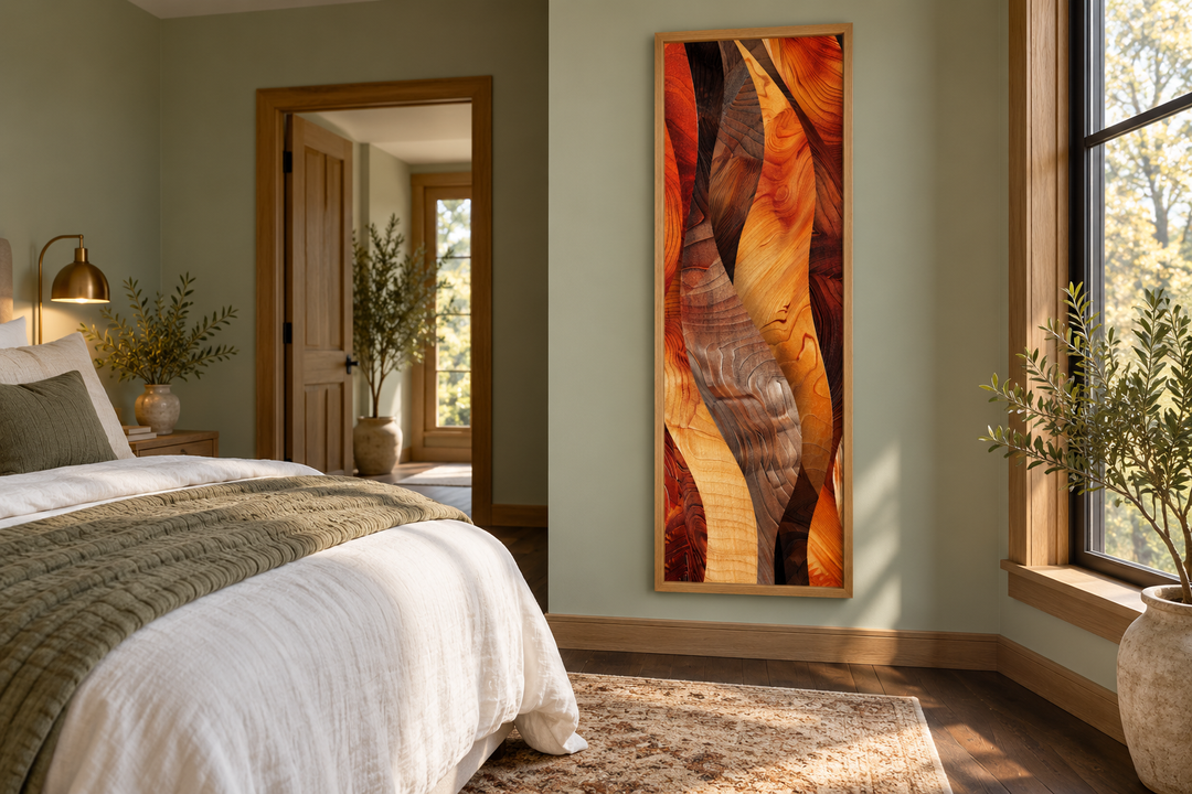 Vertical narrow canvas print with abstract wood grain patterns in warm orange and brown tones.