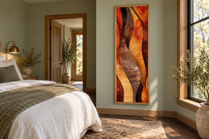 Vertical narrow canvas print with abstract wood grain patterns in warm orange and brown tones.
