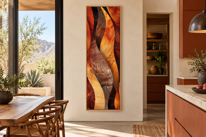 Vertical narrow canvas print featuring abstract flowing wood grain in warm orange and brown tones.