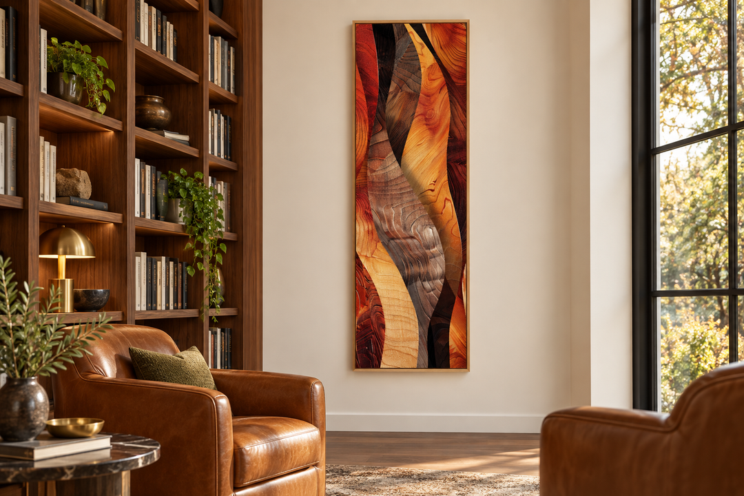 Vertical narrow canvas print with abstract flowing wood grain in warm orange and brown tones.