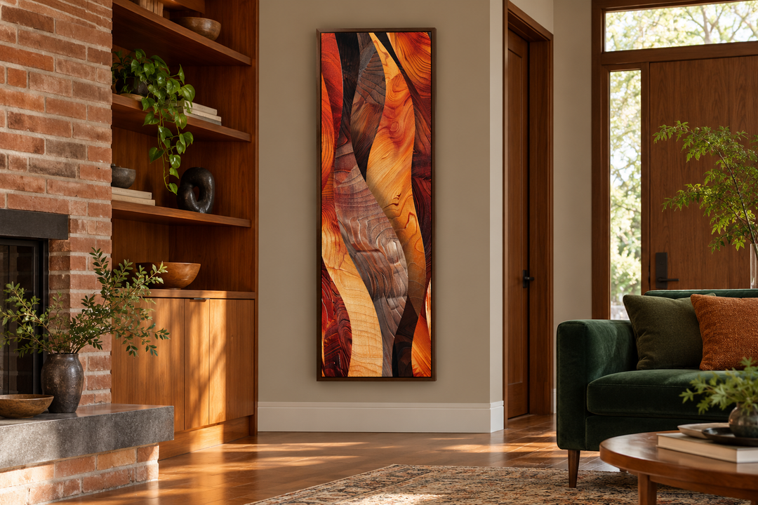 Vertical narrow canvas print with abstract flowing wood grain patterns in warm orange and brown.