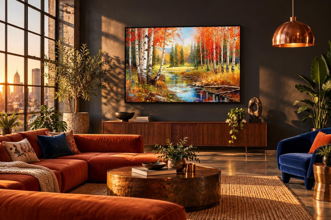 Vibrant Autumn Birch Forest framed canvas wall art hanging in a modern living room.