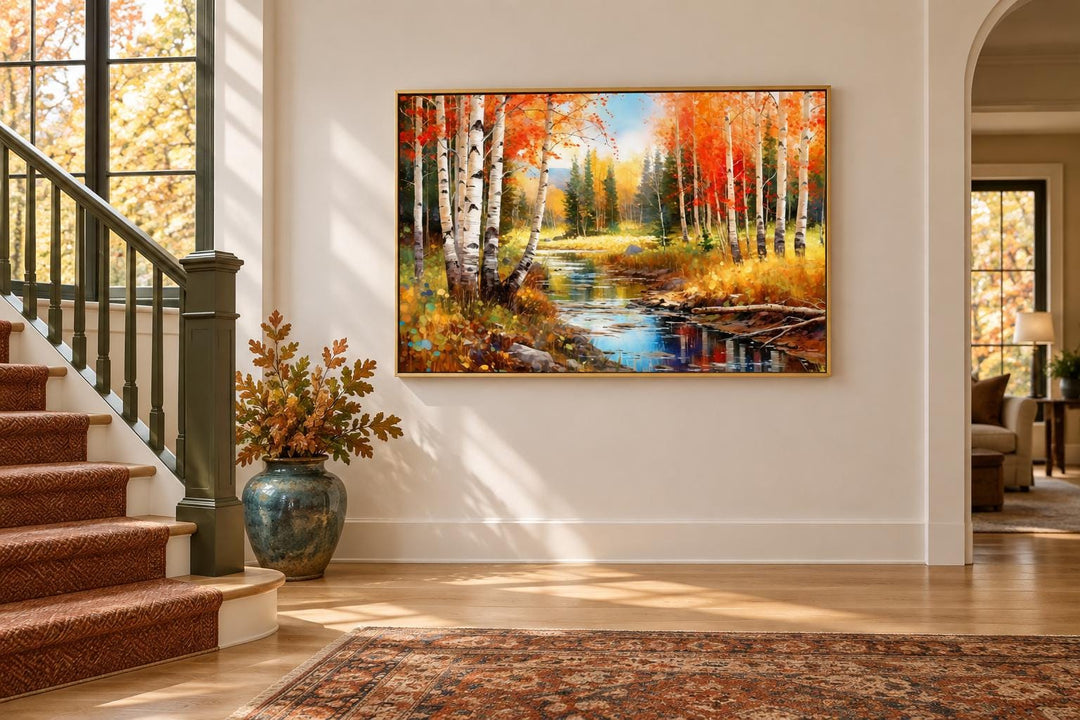 Vibrant Autumn Birch Forest framed canvas wall art featuring a stream and colorful fall foliage.