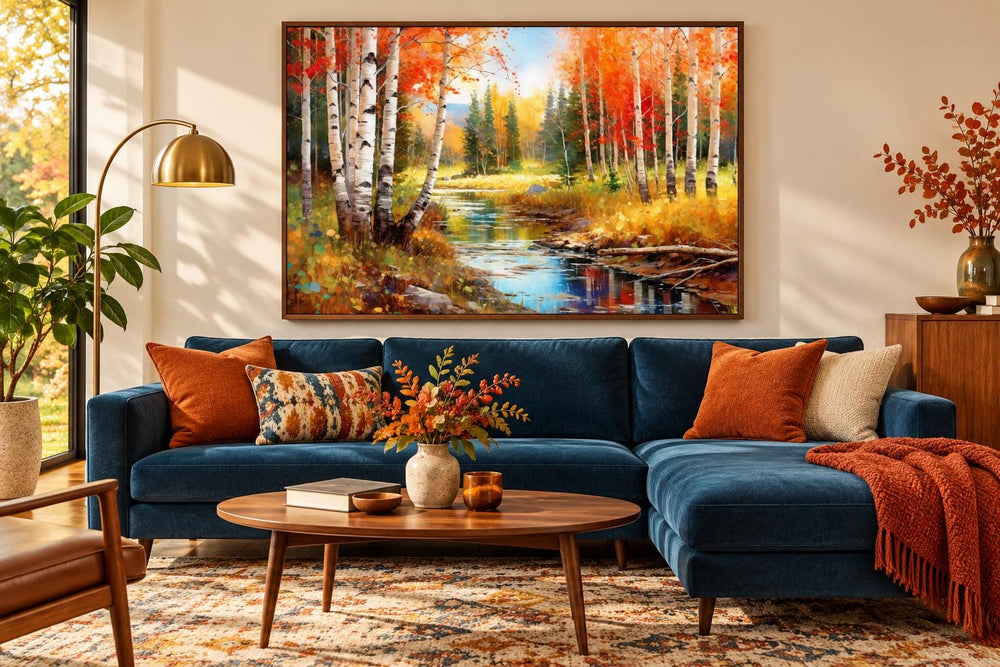 Framed canvas wall art of an autumn birch forest with a flowing stream above a blue sofa.
