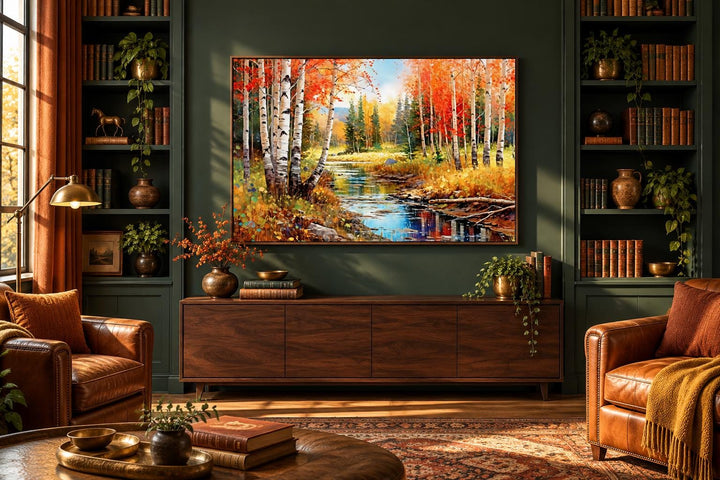 Framed canvas wall art of an autumn birch forest with a stream, hung in a cozy living room.