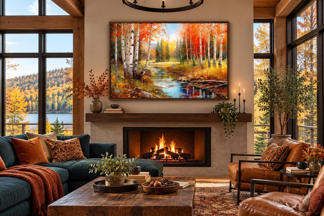 Vibrant Autumn Birch Forest framed canvas wall art hanging above a fireplace in a cozy living room.