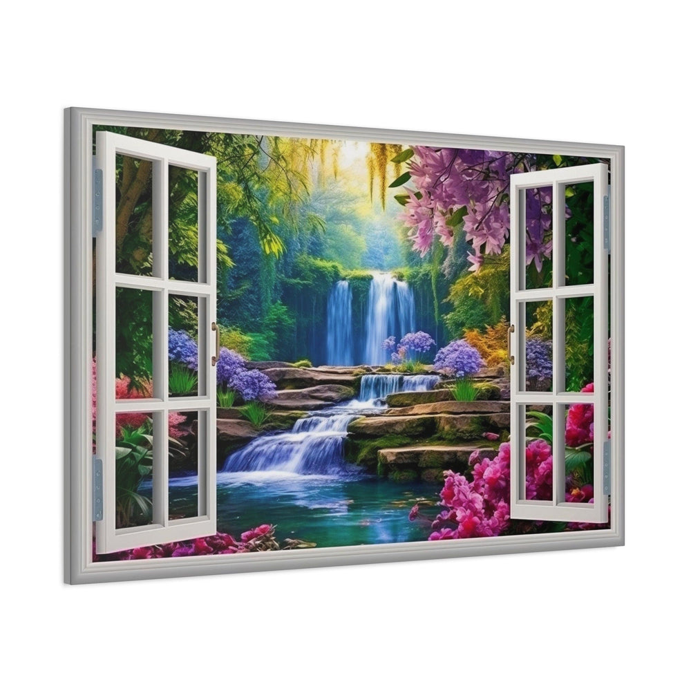 Vibrant garden and waterfall fake window wall art with lush greenery and pink flowers.