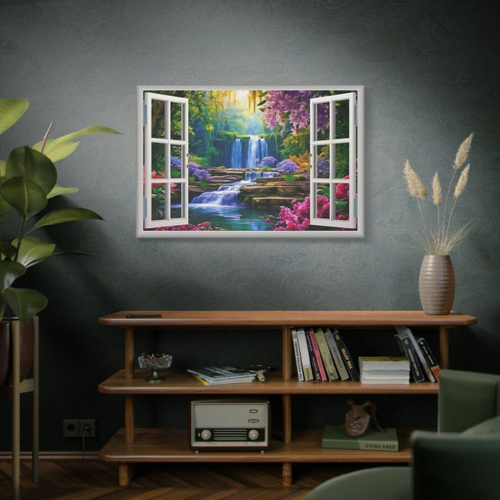 Vibrant Garden And Waterfall Fake Window Wall Art