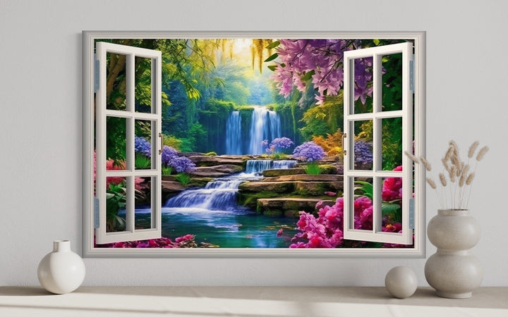 Vibrant garden and waterfall fake window wall art on a white wall with decorative vases.