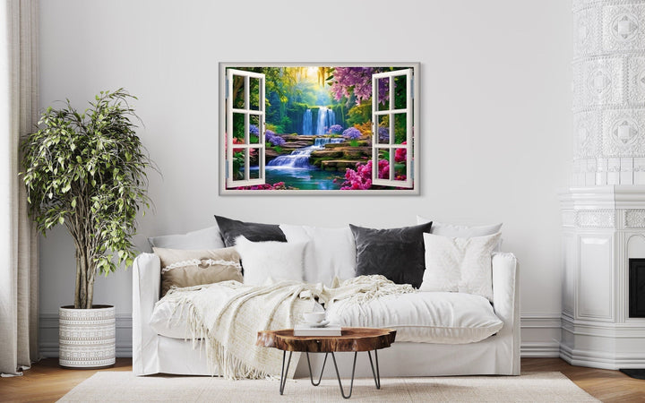 Vibrant Garden And Waterfall Fake Window Wall Art