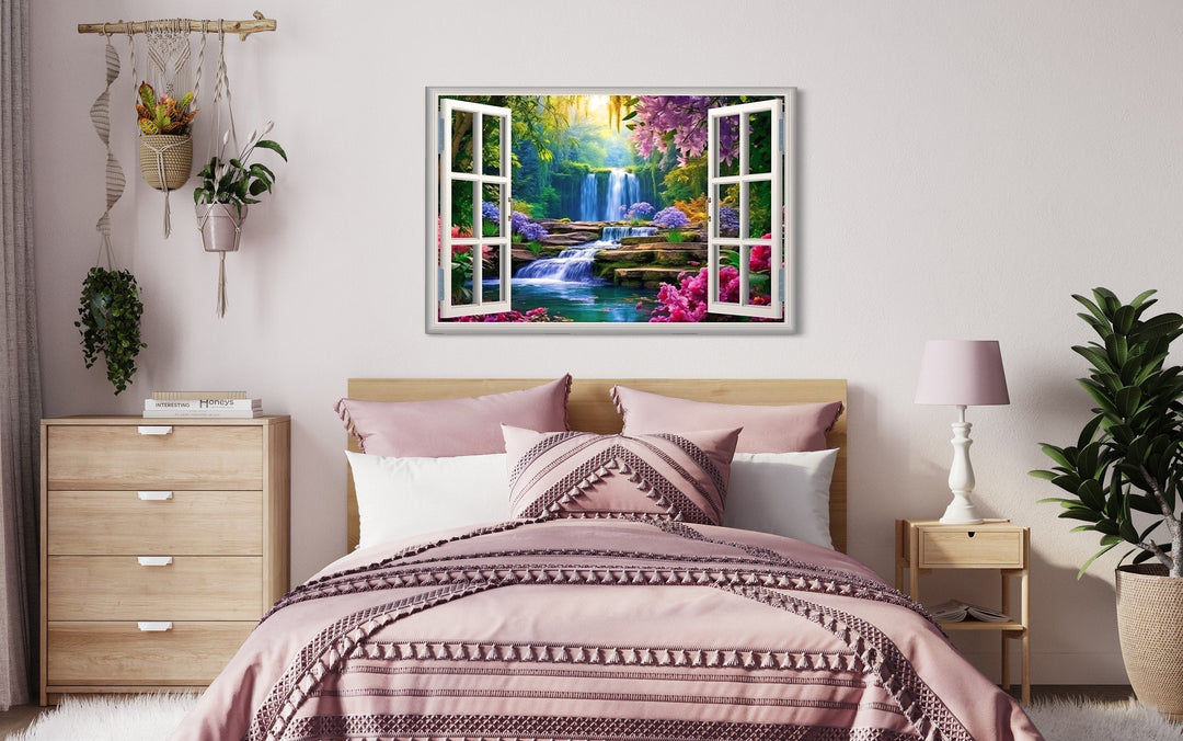 Vibrant Garden And Waterfall Fake Window Wall Art