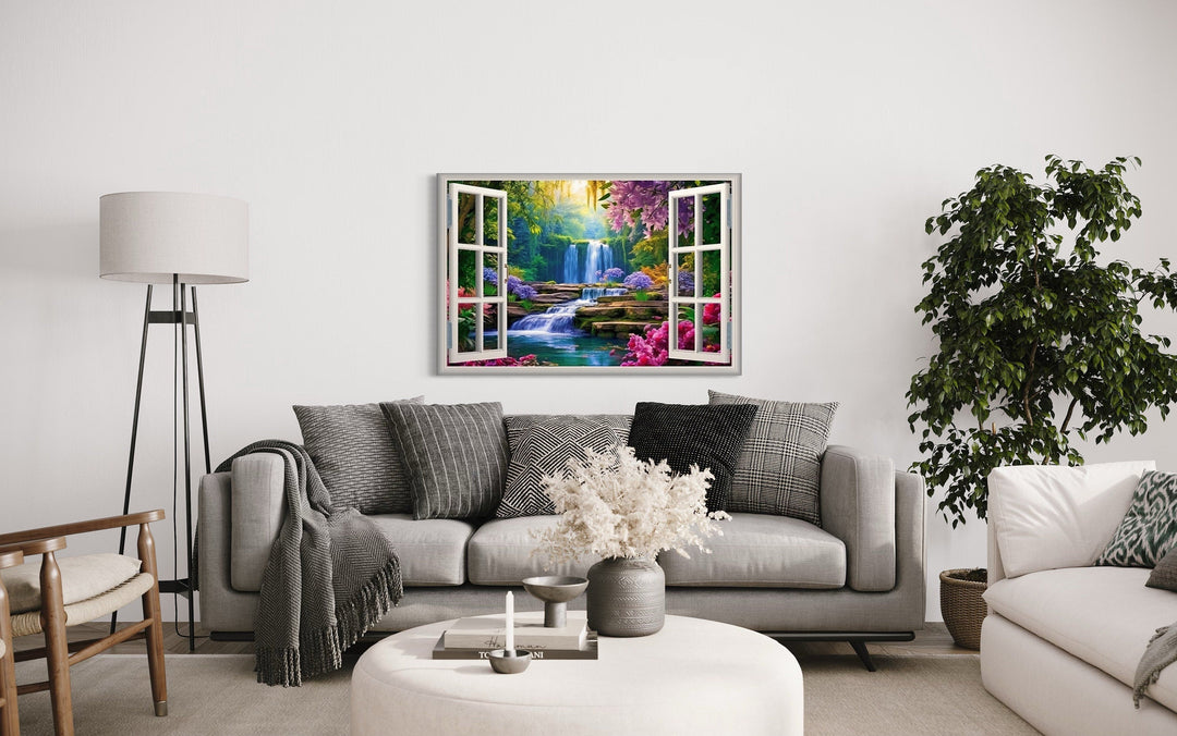 Vibrant Garden And Waterfall Fake Window Wall Art