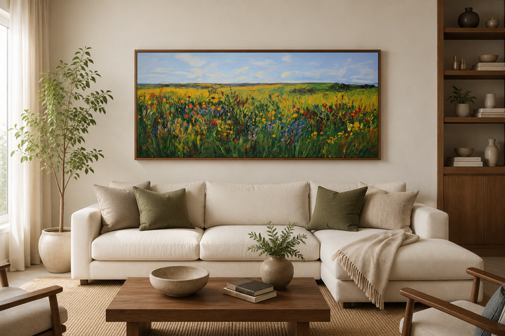 Vibrant impressionist green and yellow wildflower meadow framed canvas art above a white sofa.