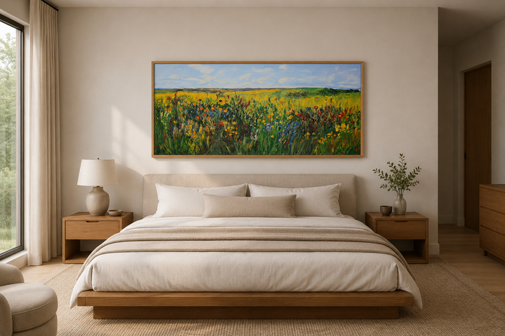 Vibrant impressionist green and yellow wildflower meadow framed canvas art above a bed.