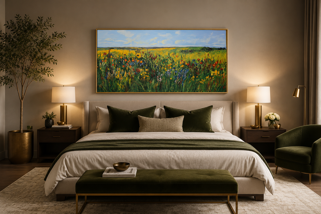 Vibrant impressionist green and yellow wildflower meadow framed canvas wall art above a bed.