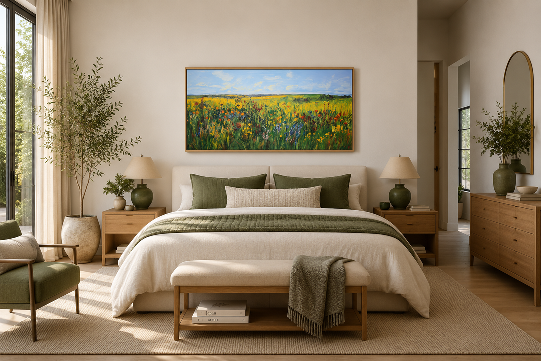 Vibrant impressionist framed canvas art of a green and yellow wildflower meadow above a bed.