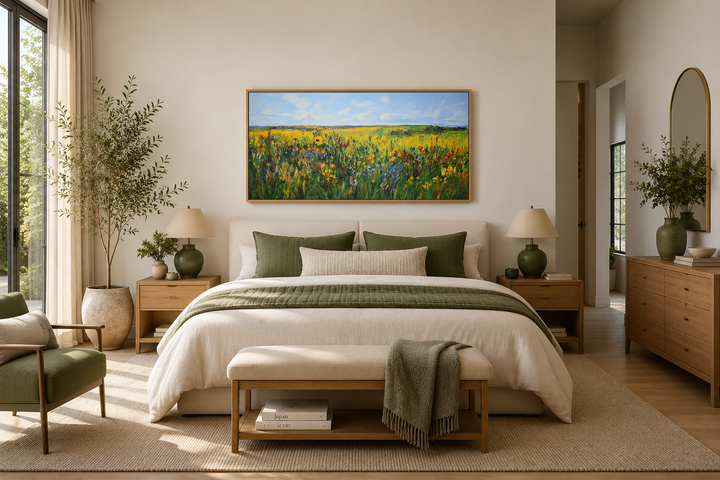 Vibrant impressionist framed canvas art of a green and yellow wildflower meadow above a bed.