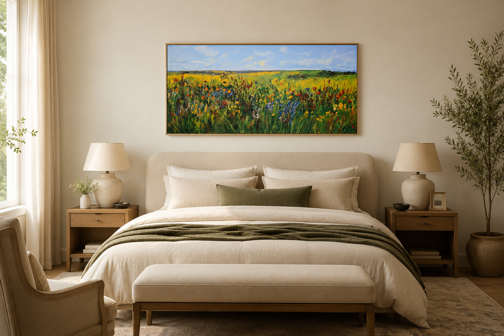 Vibrant impressionist green and yellow wildflower meadow framed canvas art above a bed.