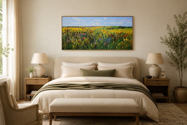 Vibrant impressionist green and yellow wildflower meadow framed canvas art above a bed.