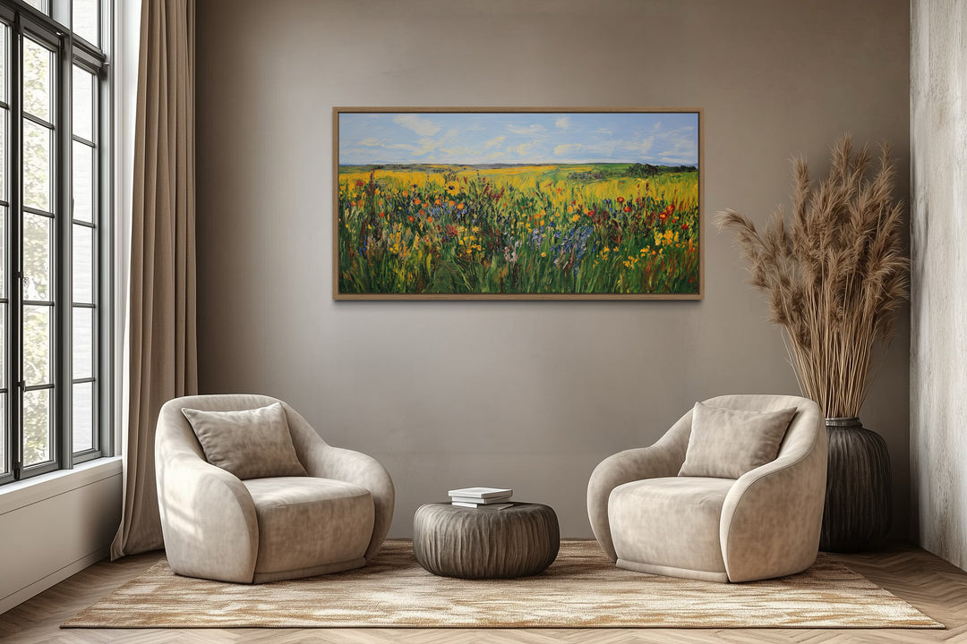 Vibrant impressionist wildflower meadow framed canvas wall art above two chairs in a living room.