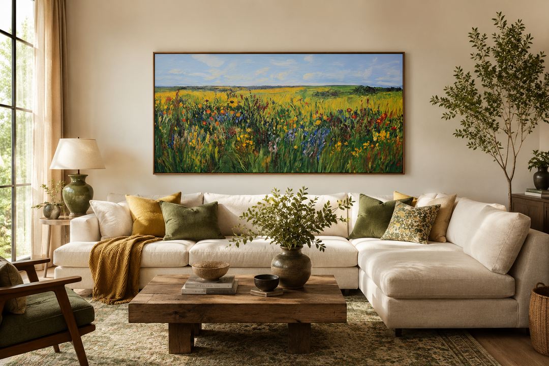 Vibrant impressionist green and yellow wildflower meadow framed canvas art above a white sofa.