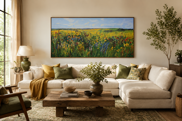 Vibrant impressionist green and yellow wildflower meadow framed canvas art above a white sofa.