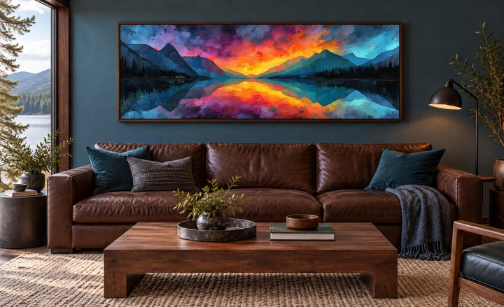 Vibrant mountain lake sunset panoramic framed canvas wall art above a brown leather sofa.