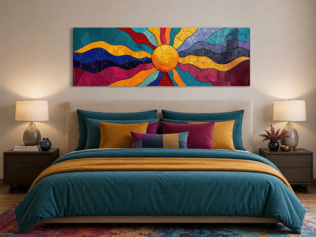 Vibrant multicolored sun long horizontal canvas wall art hanging above a bed in a modern bedroom.