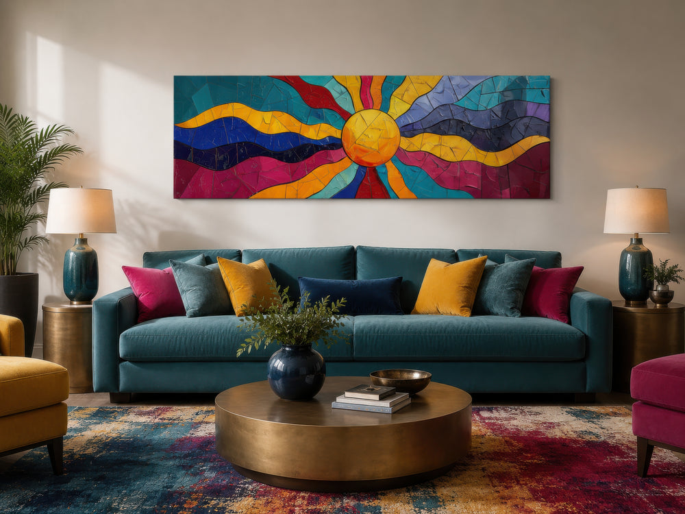 Vibrant multicolored sun long horizontal canvas wall art above a teal sofa in a living room.