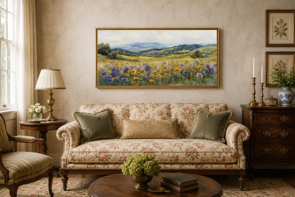Panoramic canvas wall art of a vibrant yellow and purple wildflower field with distant blue hills.