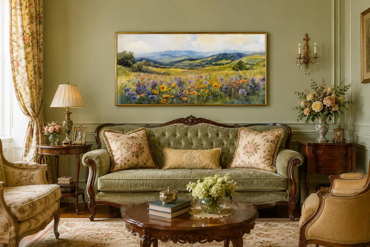 Panoramic canvas wall art of a vibrant yellow and purple wildflower field with distant blue hills.