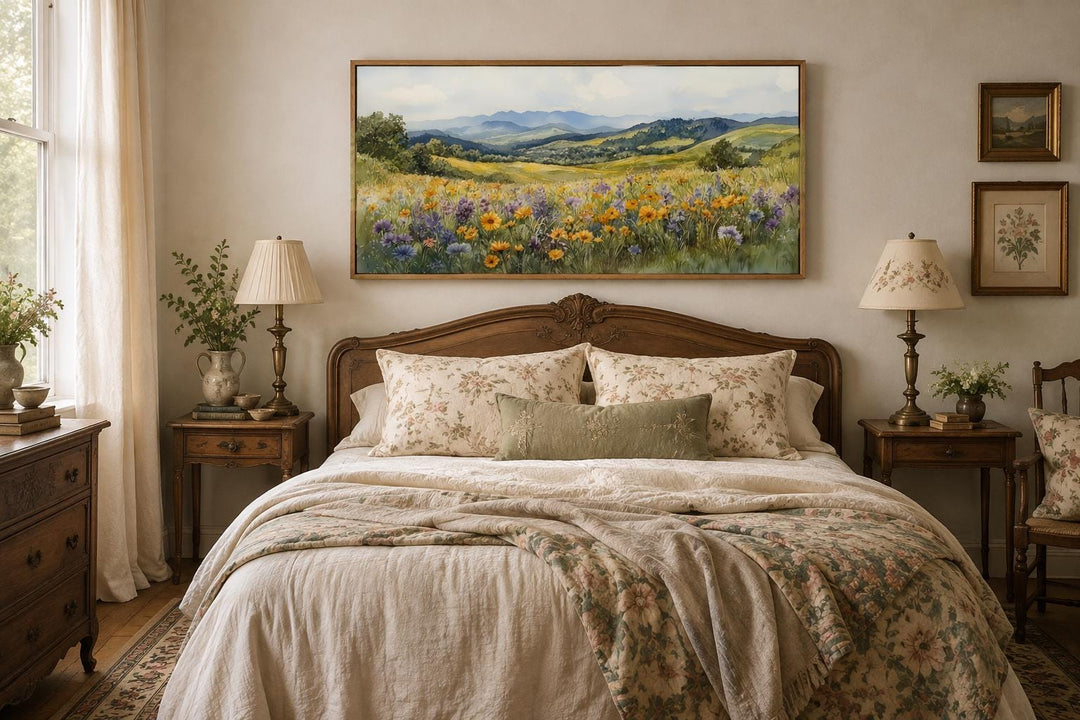 Panoramic canvas wall art of a vibrant yellow and purple wildflower field with distant blue hills.